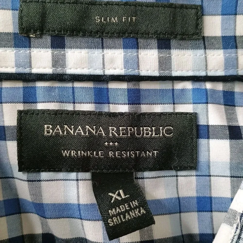 Banana Republic Dress Shirt Mens Sz XL Blue Check Button Up Slim Fit